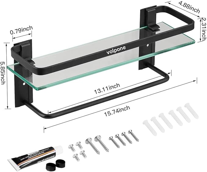 VOLPONE Bathroom Glass Shelf with Towel Bar Black Bathroom Shelf Wall Mount Rustproof Bathroom Wall Organizer Towel Rails1 Tier (Black)