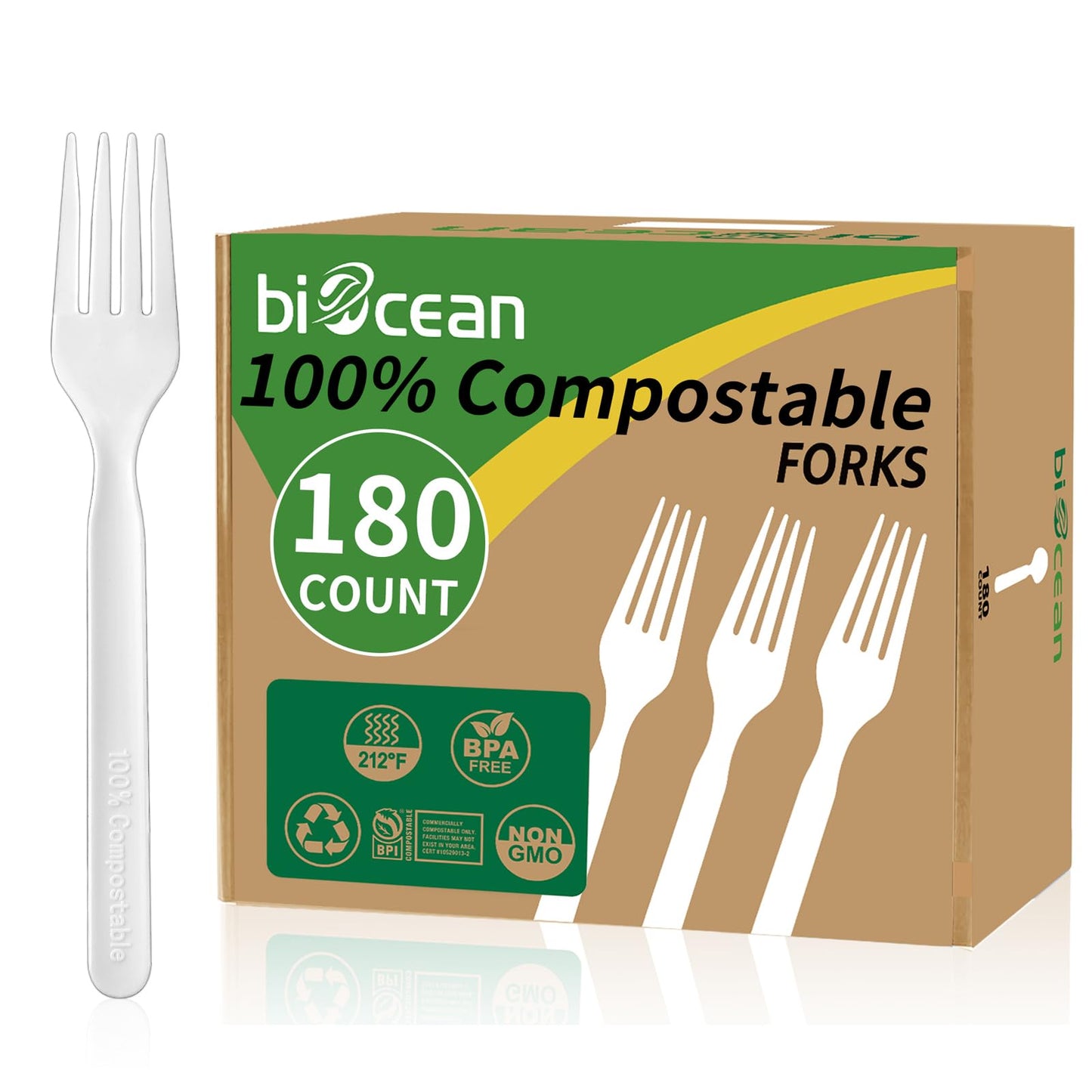 Biocean 100% Compostable Forks 60 Count Disposable Forks Heavy Duty Utensils Set Fork Silverware Eco Friendly Flatware Plastic Free for Party Camping Picnics Wedding-Ivory White