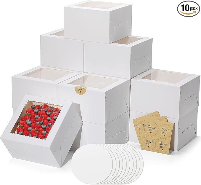 EQOREIIN 24Pack 8 inch Small Cake Boxes with Cake Board and Stickers