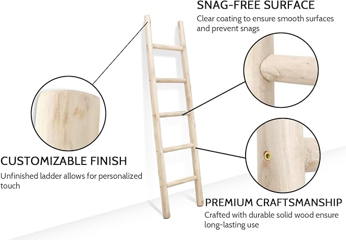 FUIN 57in Wood Blanket Ladder Living Room Decorative Wall Leaning Farmhouse Quilt Display Holder Rustic Wooden Towel Rack for Bathroom, Unfinished