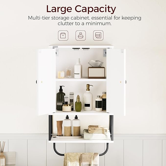 Bathroom Wall Cabinet with 2 Door and Adjustable Shelf, Farmhouse Medicine Cabinet with Towel Rack, 3-Tier Wall Mounted Storage Cabinet Over The Toilet for Bathroom Laundry Room, White