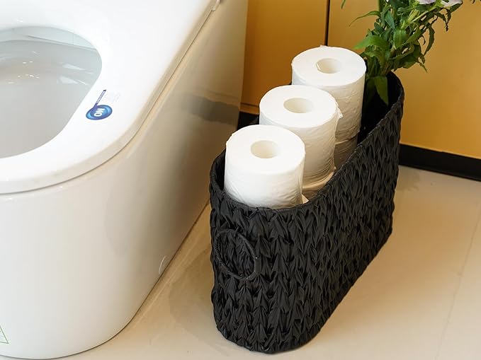 Black Toilet Paper Storage Basket,Large Free Standing Toilet Paper Organizer,Waterproof Narrow Wicker Basket for Bathroom,Under Sink,or Cabinet