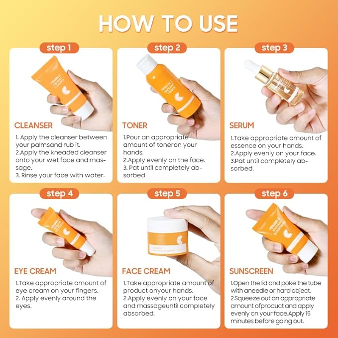 6 Pcs -Vitamin C Skincare Set for Face - with Cleanser, Serum, Eye Cream, Moisturizer, Sunscreen & Toner | Brightening, Hydrating& Anti-Aging,Perfect for Teens & Girls,Moisturizing Face Skin Care Kit