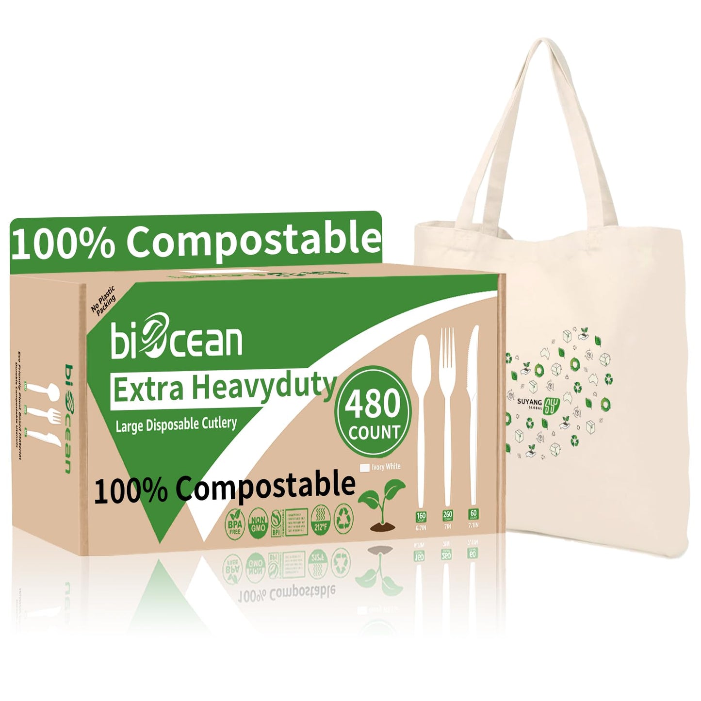Biocean Extra Heavyduty Compostable Spoons [500 Count,6.7In] Disposable Cutlery No Plastic Spoons Large Biodegradable Utensils Eco Friendly Silverware for Party,BBQ,Daily Use [With Tote]