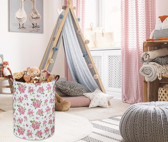 HIYAGON Roses Pink Laundry Basket Baby Girls Laundry Hamper Kids Toy Storage Bins Organizer Gift Basket Pink Rose Bedroom Decor Bathroom(Pink Rose)