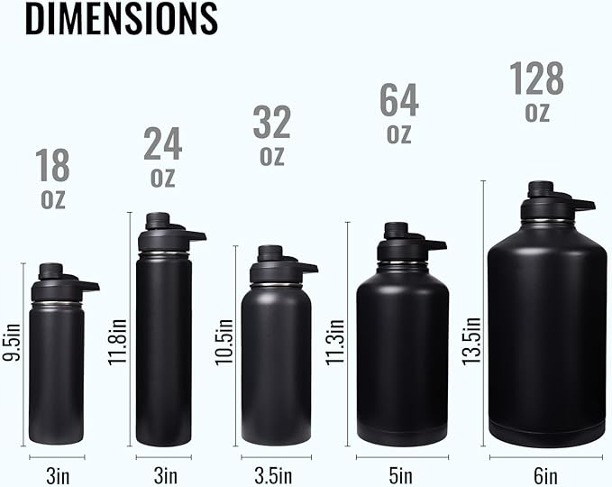 Gallon Water Bottle with 2 Lids (Straw & Spout), 304 Stainless Steel Water Jug with Handle and Wide Mouth, 1 Gallon Vacuum Double Walled Jug for Sports, Outdoors, Black/Gray, 128 oz