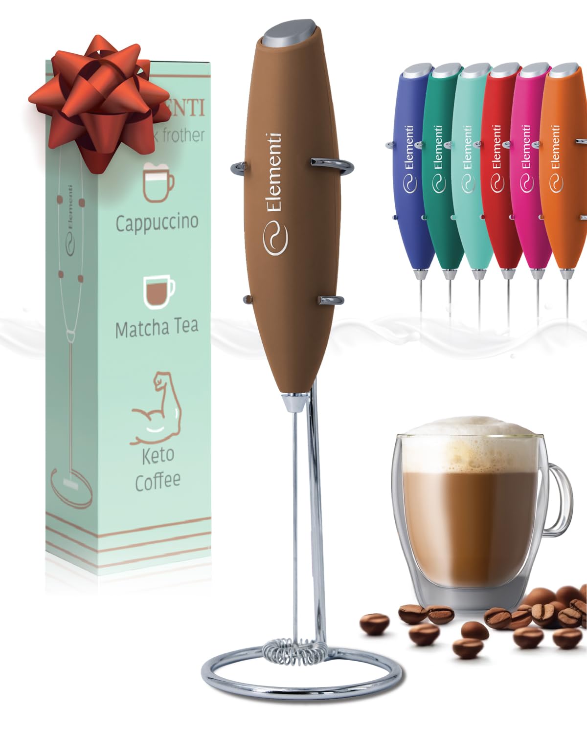 Elementi Portable Milk Frother & Stand – Compact Mixer for Powdered Drinks and Coffee, Electric Whisk Hand Blender, Specialty Kitchen Appliance (Pumpkin Orange)