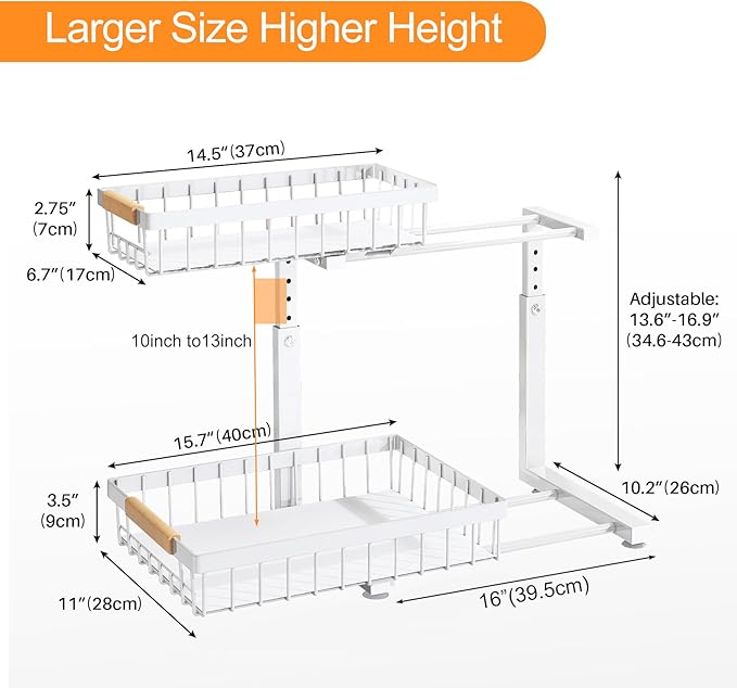 PXRACK Under Sink Organizer, Adjustable Height, 2-Pack 2 Tier Pull Out Under Cabinet Organizer, Slide Out Thickened Metal Under Sink Storage for Kitchen Bathroom Laundry Pantry Cabinet, L, White