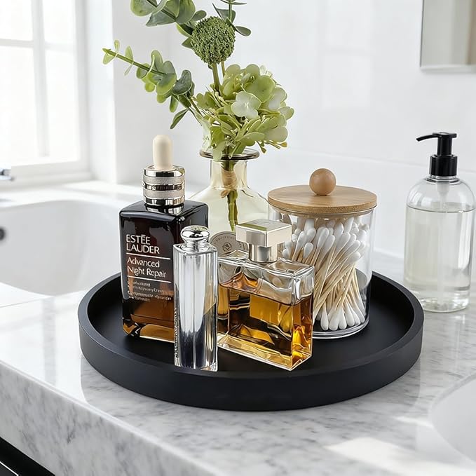 Silicone Bathroom Tray - 9-Inch Round Vanity Tray, Suitable for Candles, Perfumes, Soap Dispensers Black