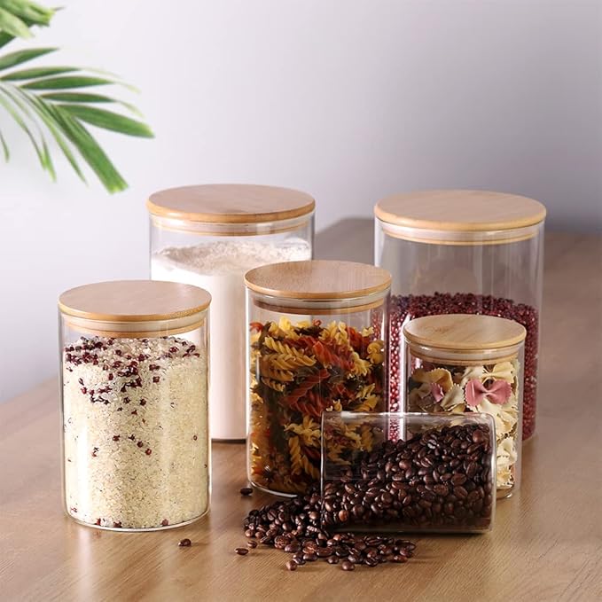 Tzerotone Glass flour Jars with Airtight Lids, 6 Pack Sugar and Flour Salt Containers Set, Extra Large Glass Rice Jar with Bamboo lid for Kitchen, Brown Suger, Beans, Groub Coffee (100OZ/54OZ/27OZ)
