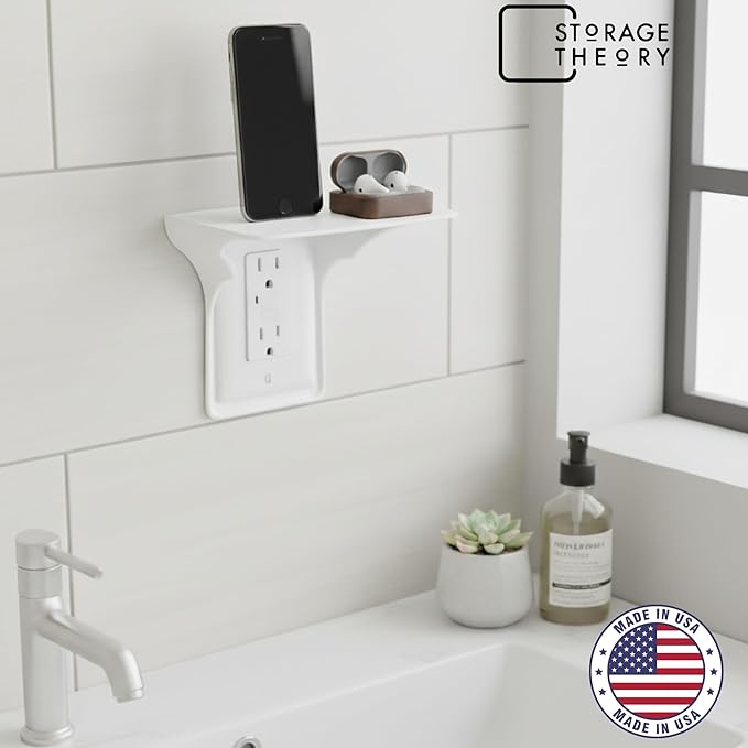 BeraTek Power Perch Wall Outlet Shelf with Cord Storage Strap - Declutter & Reclaim Counter Space - Top Uses: Charging Shelf, Echo Dot Stand, Apple HomePod Mini Wall Mount - White, 2-Pack
