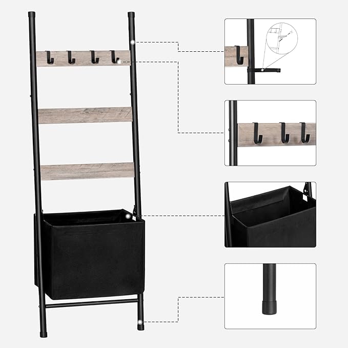 HOOBRO Blanket Ladder with Basket, 17.3”L x 63.4”H, Towel Rack with Hooks, Blanket Holder Rack, Decorative Ladder Shelf, Drying and Display Rack for Bathroom, Living Room, Greige BG31CJ01