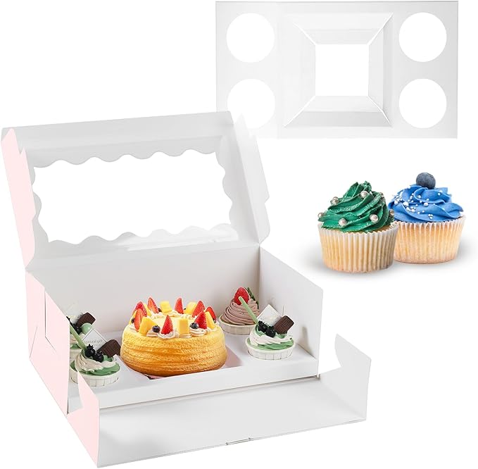 JCD 9 Holes Fit 8 Cupcakes and 1 Mini Cake Box Combo,8 sets of Cake Boxes, Pastry Sweets Bento Box, Cupcake Combo Box with Stickers(1+8/8pcs)