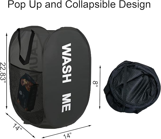 2Pack Mesh Pop Up Laundry Hamper, Foldable Laundry Basket with Side Pocket for Bedroom, Laundry Room, Travel, Cruise (Black+Blue)