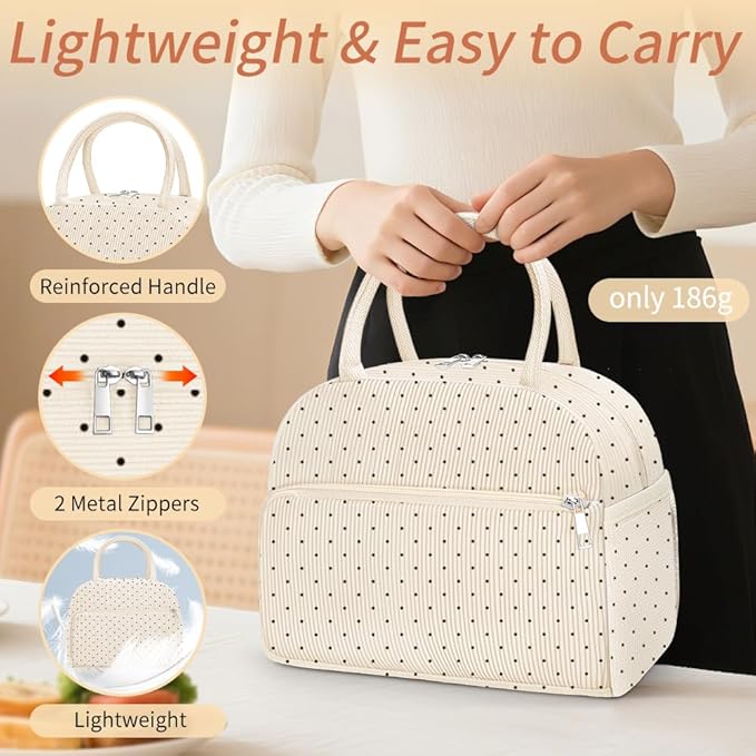 Coobiiya Lunch Bag Lunch Box for Women Men, Reusable Cute Corduroy Lunchbag - Leakproof, Insulated LunchBox Tote with Large Capacity, Dot
