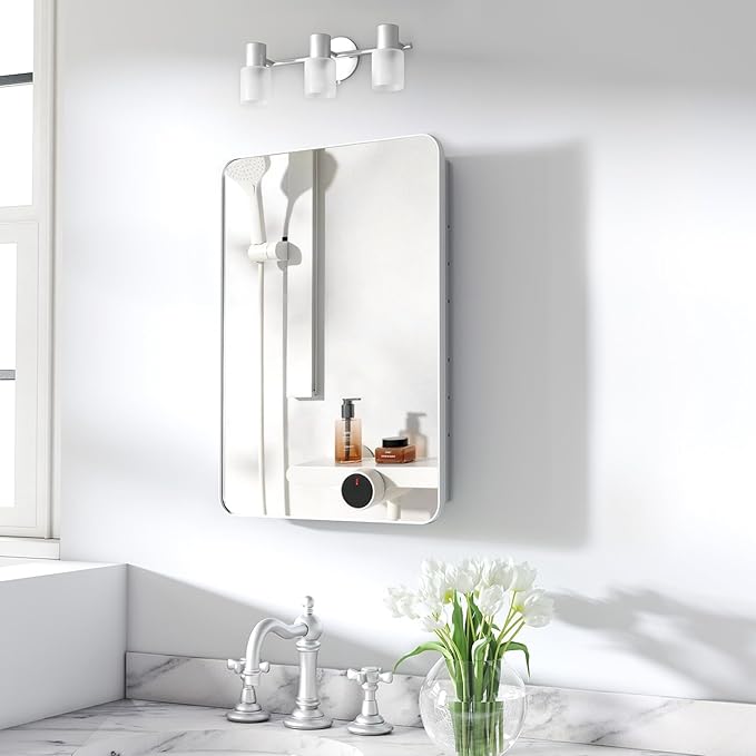 16x24 Inch Medicine Cabinet with Mirror for Bathroom, Silver Aluminum Bathroom Medicine Cabinet, Recessed or Wall Mount Medicine Chest Over Sink, Modern Farmhouse Style, Fully Assembled