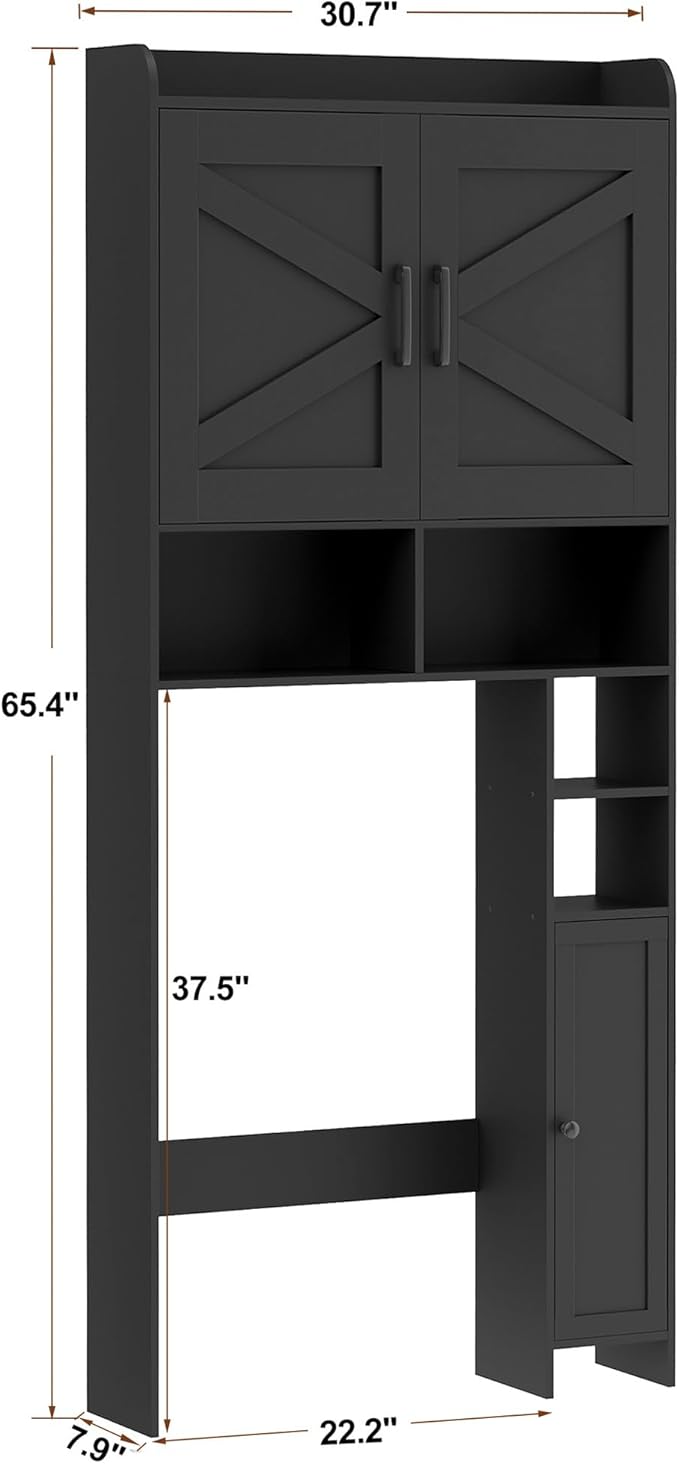 Homhedy Over The Toilet Storage Cabinet with 2 Barn Door and Toilet Paper Holder Stand, FreeStanding Toilet Shelf Space Saver, for Bathroom, Restroom, Laundry, Black