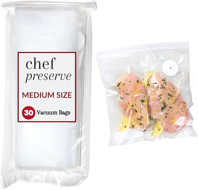 Chef Preserve Reusable Vacuum Sealer Bags for Food - 30 BPA-Free Small (8 x 10 in) Food Storage Bags, Freezer, Microwave - Odor-Resistant, Leak-Proof - Compatible with Chef Preserve Vacuum Sealers