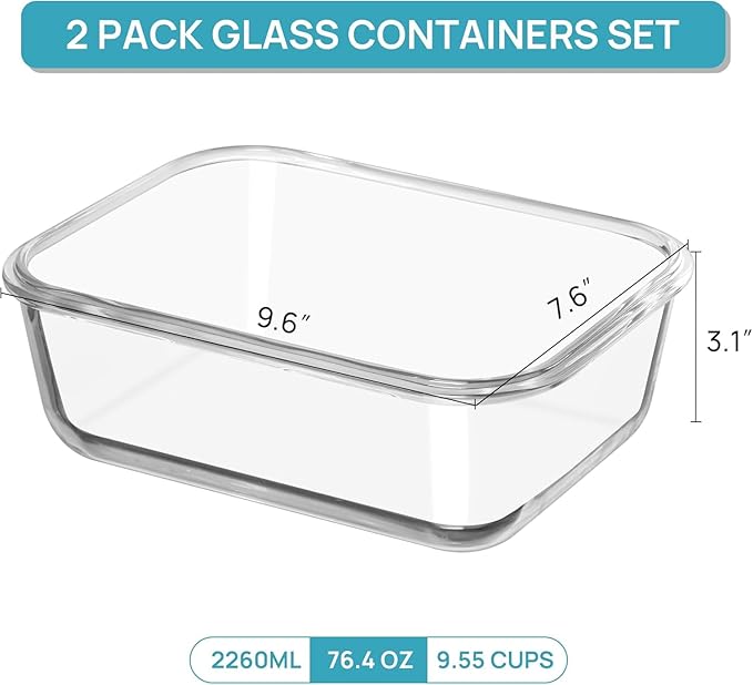 Vtopmart 2Pack 2260ml/ 76.4oz Large Glass Containers Food Storage with Lids, Meal Prep Food Container Set with Snap Airtight Lid for Baking, Microwave, Oven, Leak Proof, for Freezer, Dishwasher, Green