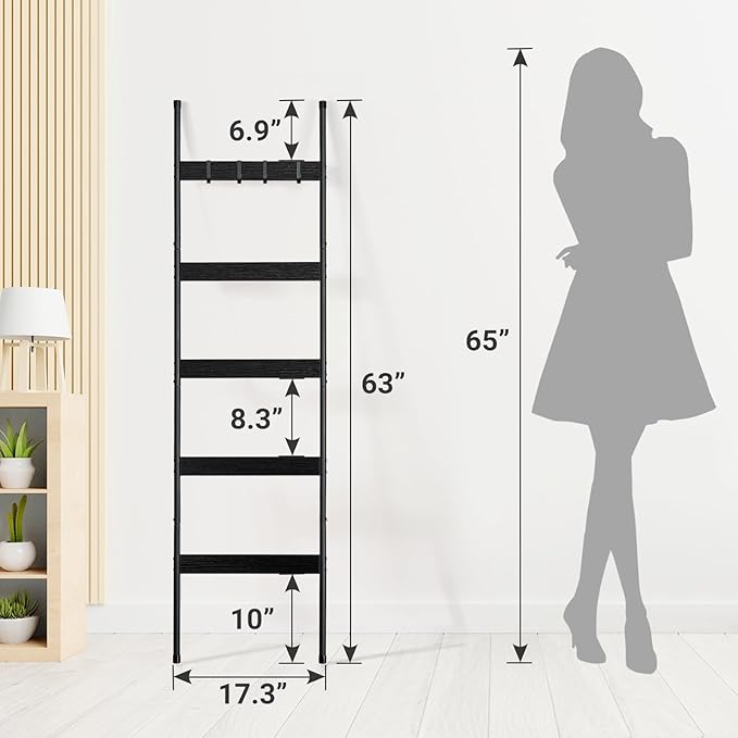 ELYKEN Blanket Ladder for Living Room, Farmhouse 5-Tier Quilt Holder with 4 Removable Hooks for Bathroom, Wood Towel Rack Display, Wall Anchor Leaning Decorative Stand for Home, Black