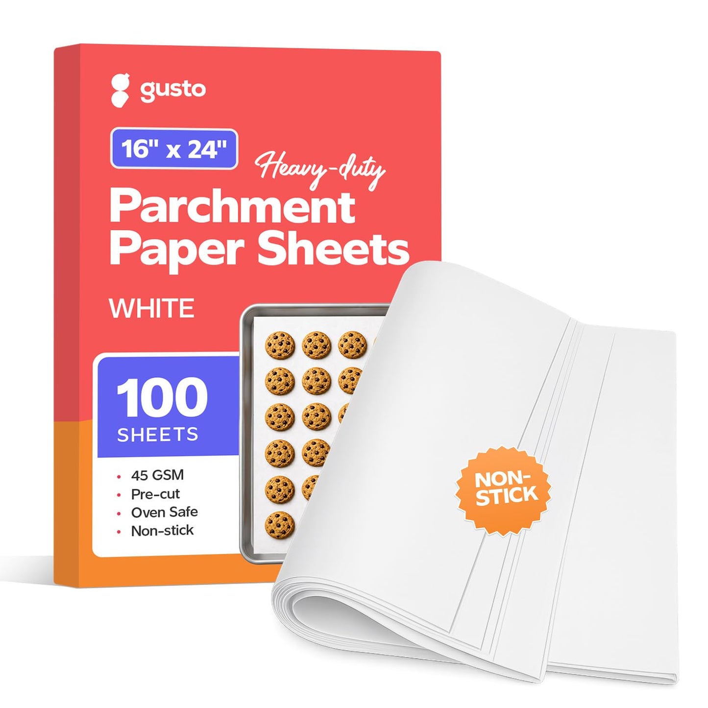 GUSTO [16 x 24 Inch - 100 Count] Pre-Cut Parchment Paper Baking Sheets, Non-Stick, Unbleached, Parchment Paper Sheets for Baking & Cooking - White - Formerly Comfy Package
