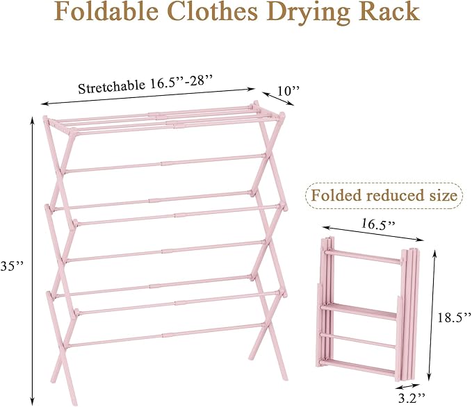 Foldable Drying Rack Clothing, 3-Tier Portable Clothes Drying Racks for Indoor & Outdoor, Anti-Rust Compact Laundry Rack Collapsible, Pink 28" D x 10" W x 35" H