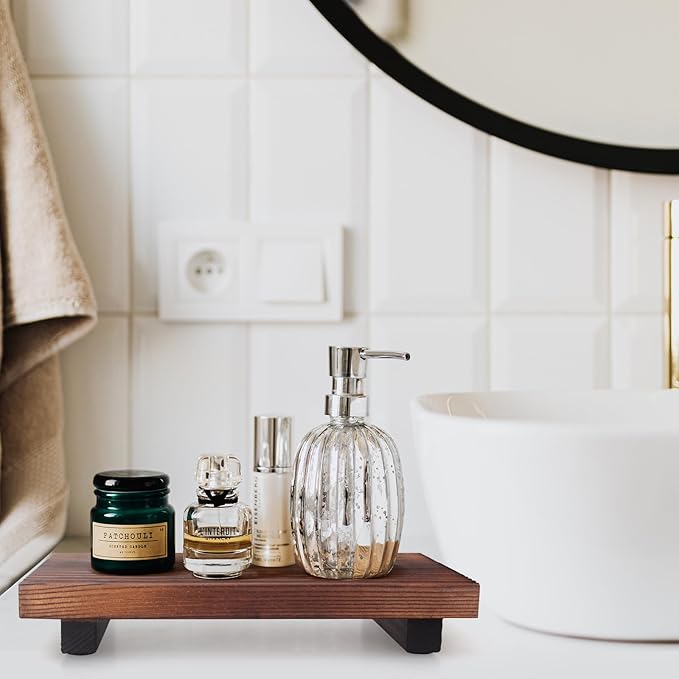 Small Bathroom Counter Organizer Tray Wooden Pedestal Stand for Display Decor Farmhouse Wood Risers Soap Dish Dispenser Holder for Kitchen Sink Tray Modern Bathroom Vanity Accessories Decorative trays