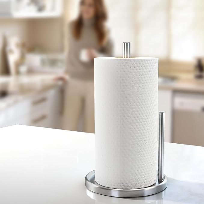 Paper Towel Holder Countertop, Silver Kitchen Paper Towels Holder, Paper Roll Holder with Weighted Base