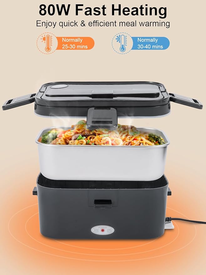 1.8L+0.5L Heated Lunch Box for Men, 80W Electric Lunch Box with Long-handled Utensils for Adults, 12V/24V/110V Lonchera Eléctrica Portátil, Portable Food Warmer for Car/Truck/Office (Black)