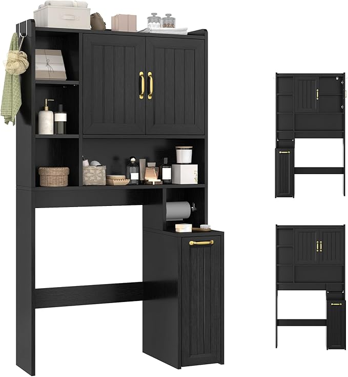 Over The Toilet Storage Cabinet with Pulley, Bathroom Cabinet, Space Saver W/Adjustable Shelf Rack for Bathroom, Restroom, Laundry (Black-Type A)