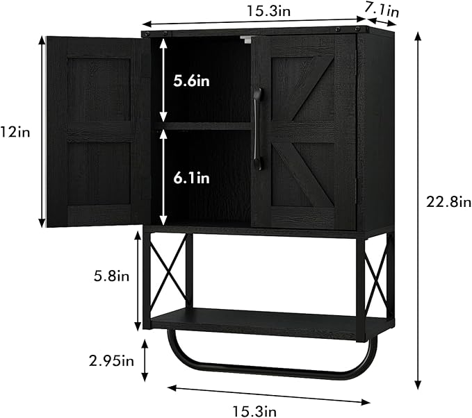 RUSTOWN Farmhouse Rustic Medicine Cabinet with Two Barn Door,Wood Wall Mounted Storage Cabinet with Adjustable Shelf and Towel Bar, 3-Tier Cabinet for Bathroom, Living Room(Black)