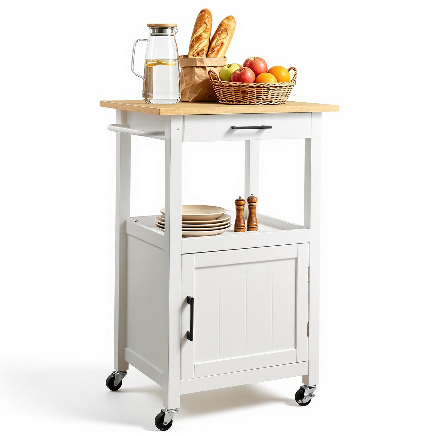 VEVOR Kitchen Island Cart with Single Door Cabinet, Mobile Carts with Drawer, Towel Rack, Hooks, Portable Table on Swivel Wheels, Small Coffee Islands Microwave Stand for Dining Room, 18x23 in, White