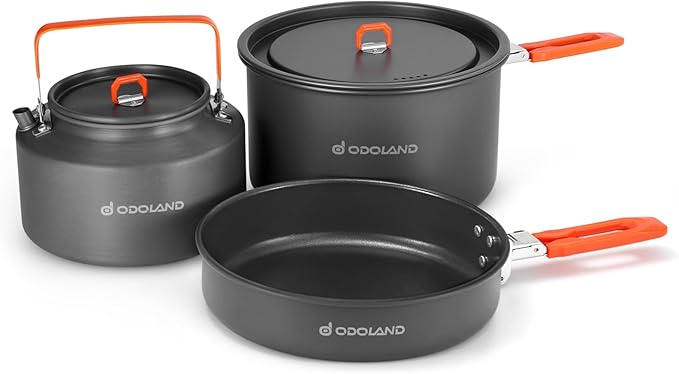 Odoland Camping Cookware Mess Kit, 4-Piece Set with Pot, Fry Pan, Kettle, and Mesh Bag, Aluminum, Black, Compact, for 3-4 People, Outdoor Cooking and Picnic