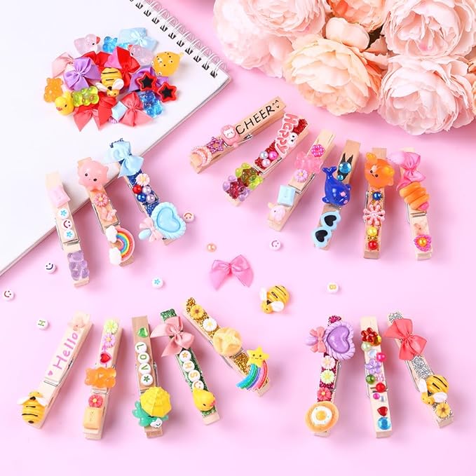 JOICEE 80PCS Cheer Pins Spirit Clips,Include 80 Natural Wooden Clothes Pins 126 Resin Animals Bows Daisy and Stickers Pen 300 Beads Pearls for Cheerleading Backpacks Ribbon Team Cheer Gifts