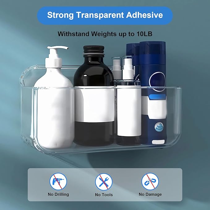 Diesisa 3pc Acrylic Wall Mount Organizer, Adhesive Clear Shower Caddies,Acrylic Soap Basket for Wall,No Drilling Hang Walls,with Self Adhesive Tape, for Bathroom, Kitchen, Living Room