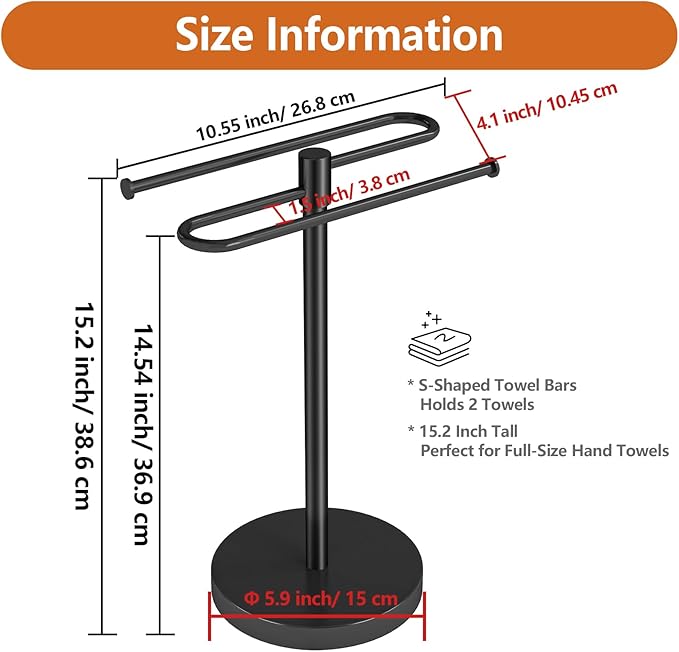 Hand Towel Stand, Stainless Steel Towel Holder for Bathroom Countertop, 15.2 Inch S-Shape Weighted Base Standing Hand Towel Rack Bar Holds 2 Towels for Kitchen Vanity, Black