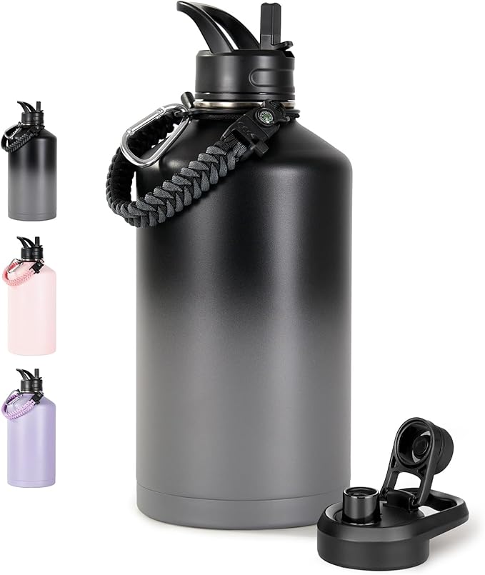 Gallon Water Bottle with 2 Lids (Straw & Spout), 304 Stainless Steel Water Jug with Handle and Wide Mouth, 1 Gallon Vacuum Double Walled Jug for Sports, Outdoors, Black/Gray, 128 oz