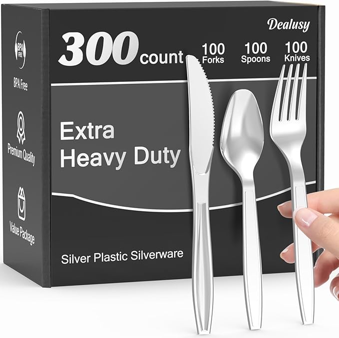 Dealusy 300 Count Extra Heavy Duty Silver Plastic Silverware