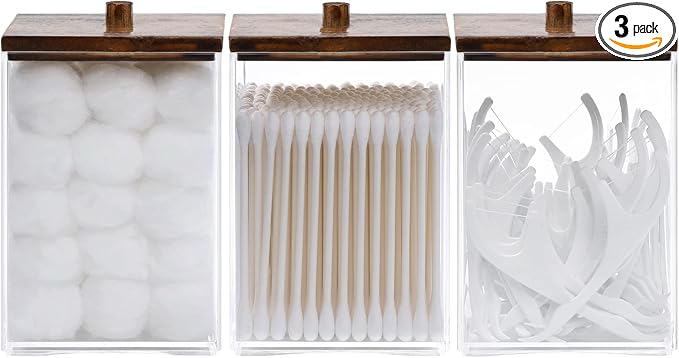 Tbestmax 3 Pack Qtip Holder - 12 oz Bathroom Organizer and Storage Containers, Plastic Square Apothecary Jars with Black Bamboo Lids for Cotton Ball, Cotton Swab, Floss