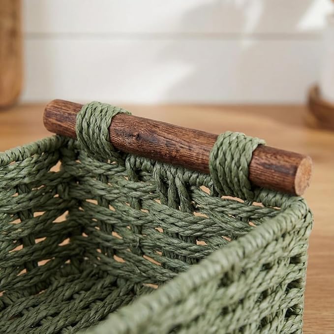 Back of Toilet Basket, Green Wicker Toilet Tank Basket for Toilet Paper Storage (Holds 2 Rolls), Handwoven Paper Rope Bathroom Basket Organizer with Wooden Handles, Basket for Top of Toilet Tank