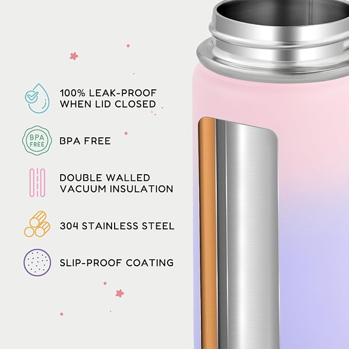 12oz Kids Water Bottle for School, Toddler Water Bottles with Straws, Insulated Water Bottles for Boys&Girls, Stainless Steel Vacuum Insulated Bottle for Kids, Leak-Proof, BPA-Free, Sugar Plum