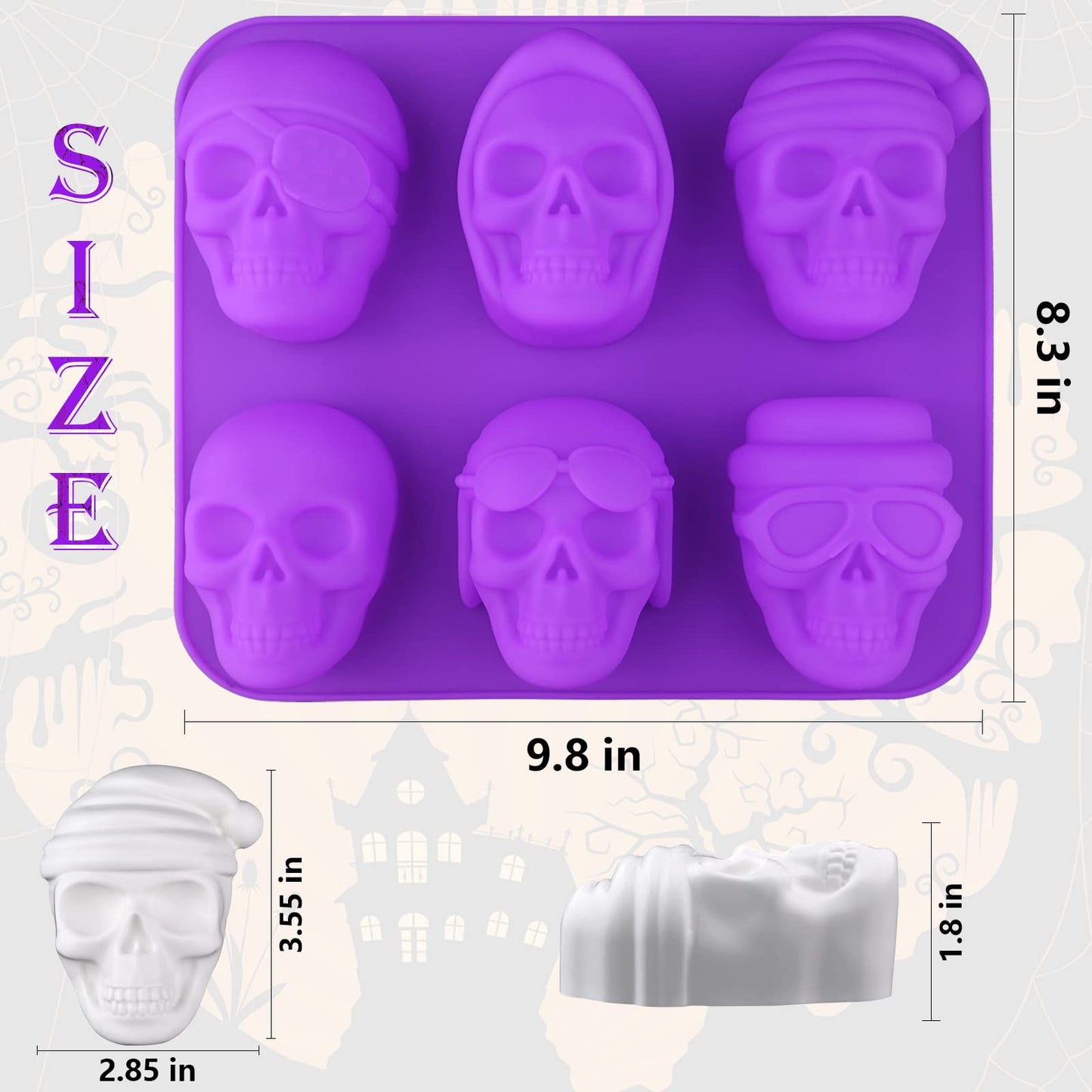 Sakolla Large Skull Cake Pan Silicone Mold, 2 Pack 6 Cavity Halloween Skull Cakelet Chocolate Molds Candy Pizza Baking Molds Handmade Soap Tray