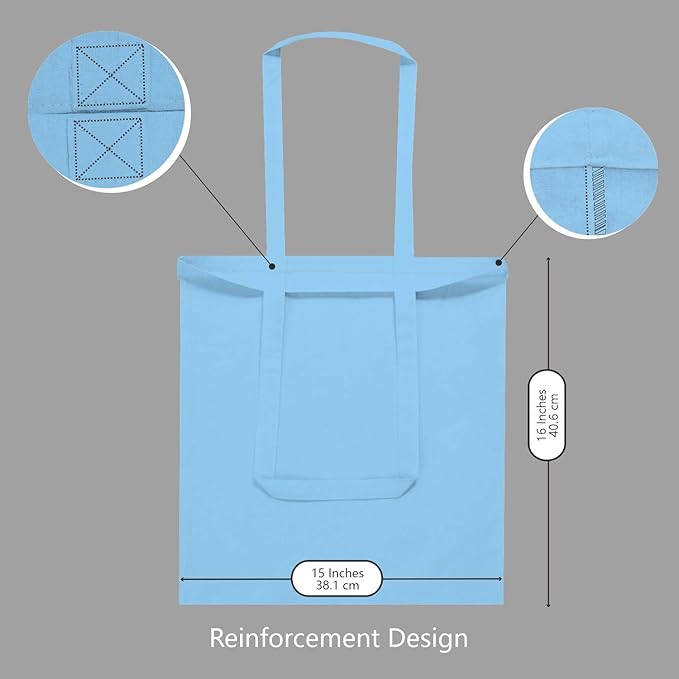 TOPDesign 12-Pack Economical 16"x15" Baby Blue Cotton Tote Bag, Lightweight Medium Reusable Grocery Shopping Cloth Bags, Suitable for DIY, Advertising, Promotion, Gift, Activity