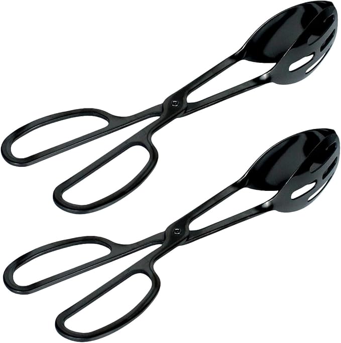 IAXSEE 2 Pieces Buffet Salad Tongs for Kitchen Serving and Cooking, Stainless Steel Food Scissor Tongs, Catering Utensil for Bread Cake Bake Steak Barbecue (Black)