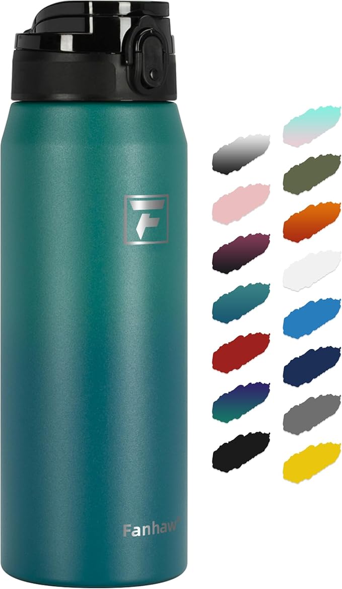 Fanhaw 24 oz Insulated Stainless Steel Water Bottle with Anti-Dust Chug Lid, Leakproof Vacuum Metal Bottle for Kids, Women & Men (Green Blue)