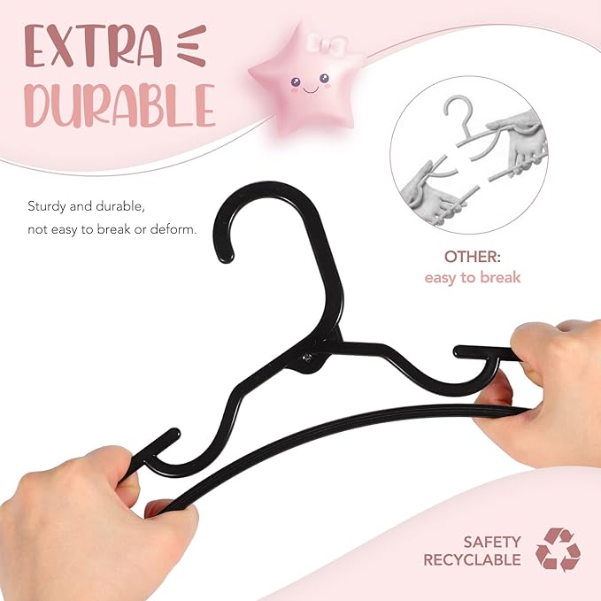 HOUSE DAY Plastic Baby Hangers for Closet 20 Pack, Durable Plastic Kids Hangers for Baby Clothes, Thin & Compact Childrens Hangers, Space Saving Black Baby Hanger, Small Hanger for Kids Clothes