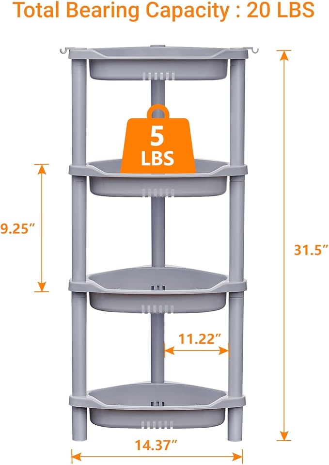 ELYKEN 4 Tier Shower Caddy Organizer Shelf Corner, 14.4 x 11.2 x 31.5 Inches, Rustproof, Plastic Shower Rack Stands for Inside Bathroom, Bathtub, Shower Pan, Grey