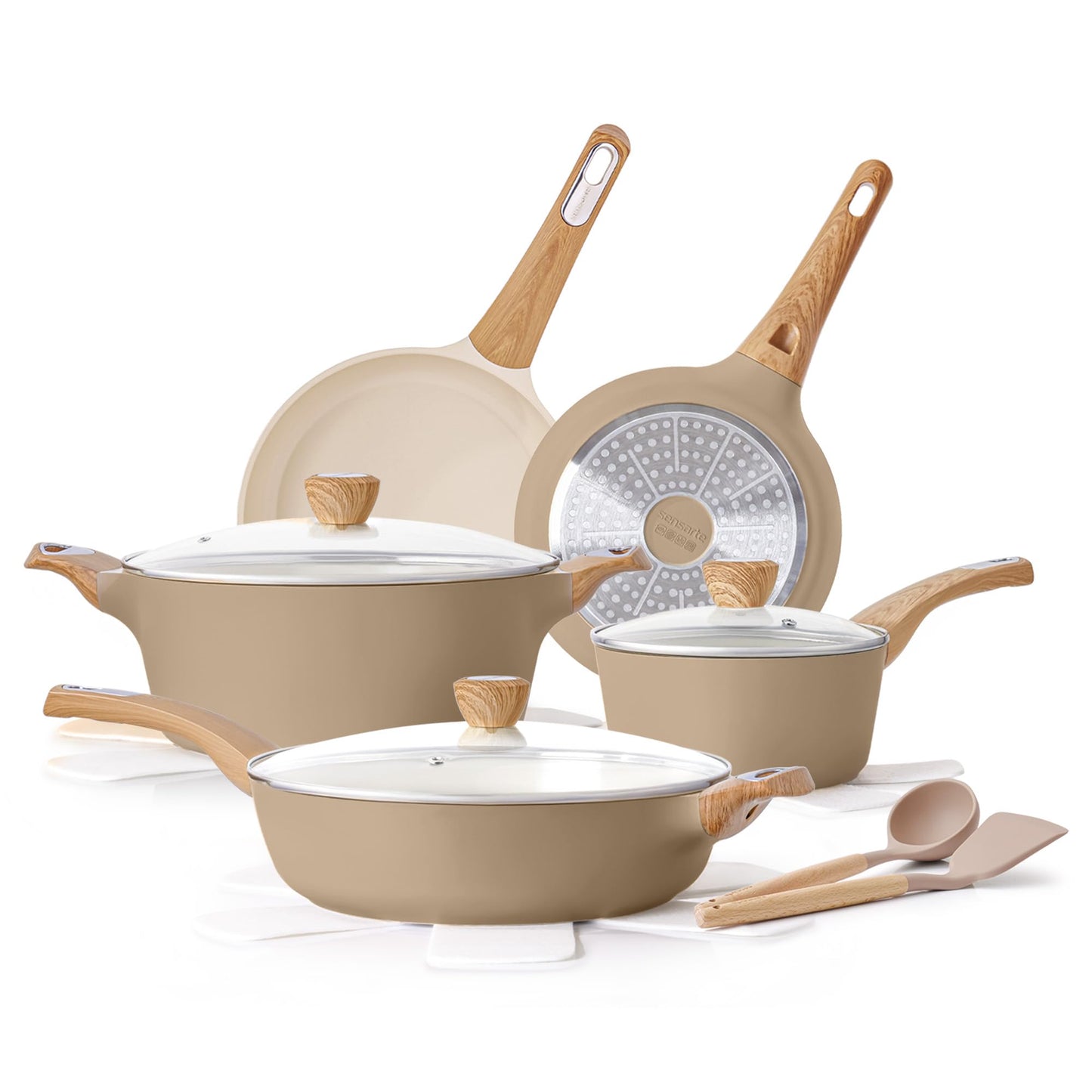 SENSARTE Pots and Pans Set Non stick, Non toxic Healthy Induction Cookware Sets, 14 Pcs Non Stick Kitchen Cooking Set with Frying Pans Set & Saucepan, PFOA PFOS Free, Black