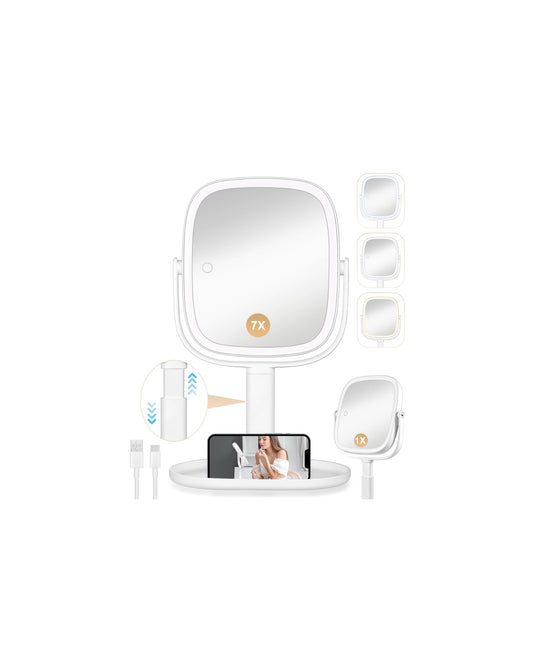 ALLROSE Lighted Makeup Mirror, 2600mAh Rechargeable 1x/7x Magnifying Vanity Mirror with Lights 3 Color, Height Adjustable 360° Rotation 2-Sided Memory Function LED Desk Mirror, Gifts for Girls Women