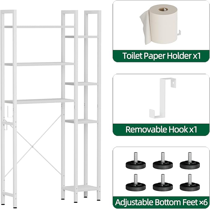 OTK Over The Toilet Storage with 7-Tier Bathroom Organizer Shelf, Freestanding Space Saver with Adjustable Feet & Hooks, Storage Rack for Bathroom, Restroom, Laundry, White